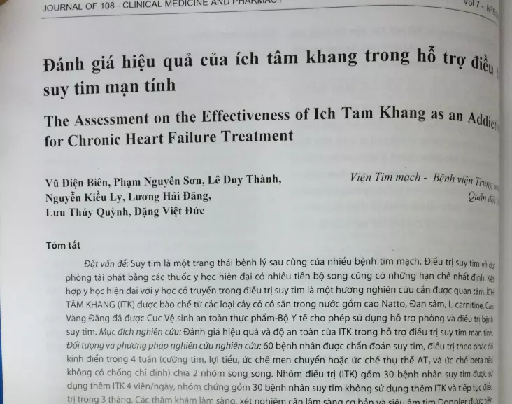 Nghiên cứu lâm sàng của Ích Tâm Khang trong hỗ trợ điều trị suy tim mạn tính được đăng tải trên Tạp chí Y dược lâm sàng 108 tập 7 - số 52021.webp